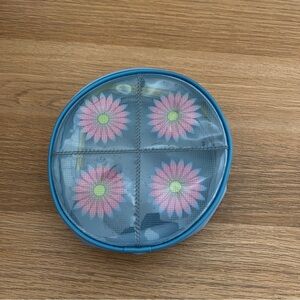 Clinique Four Pink Flowers Blue Plastic Toiletry Bag Green Zipper Clear Front